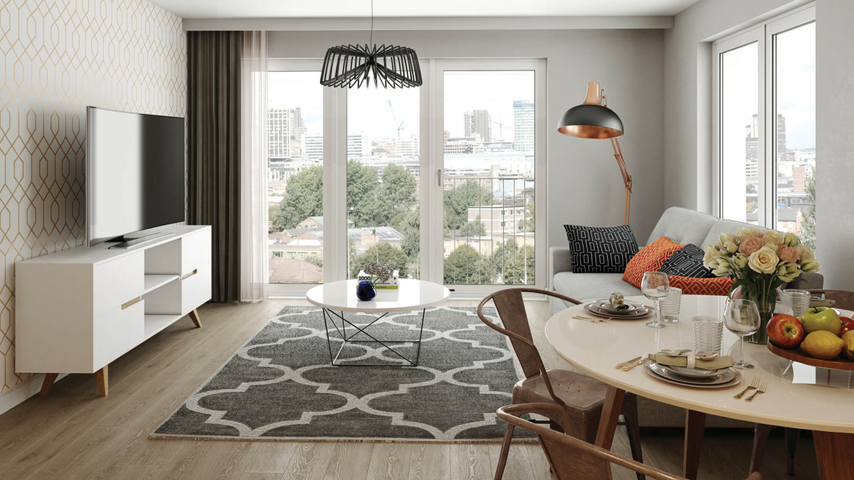 Living area at Park Central, computer generated image intended for illustrative purposes only, ©Galliard Homes.