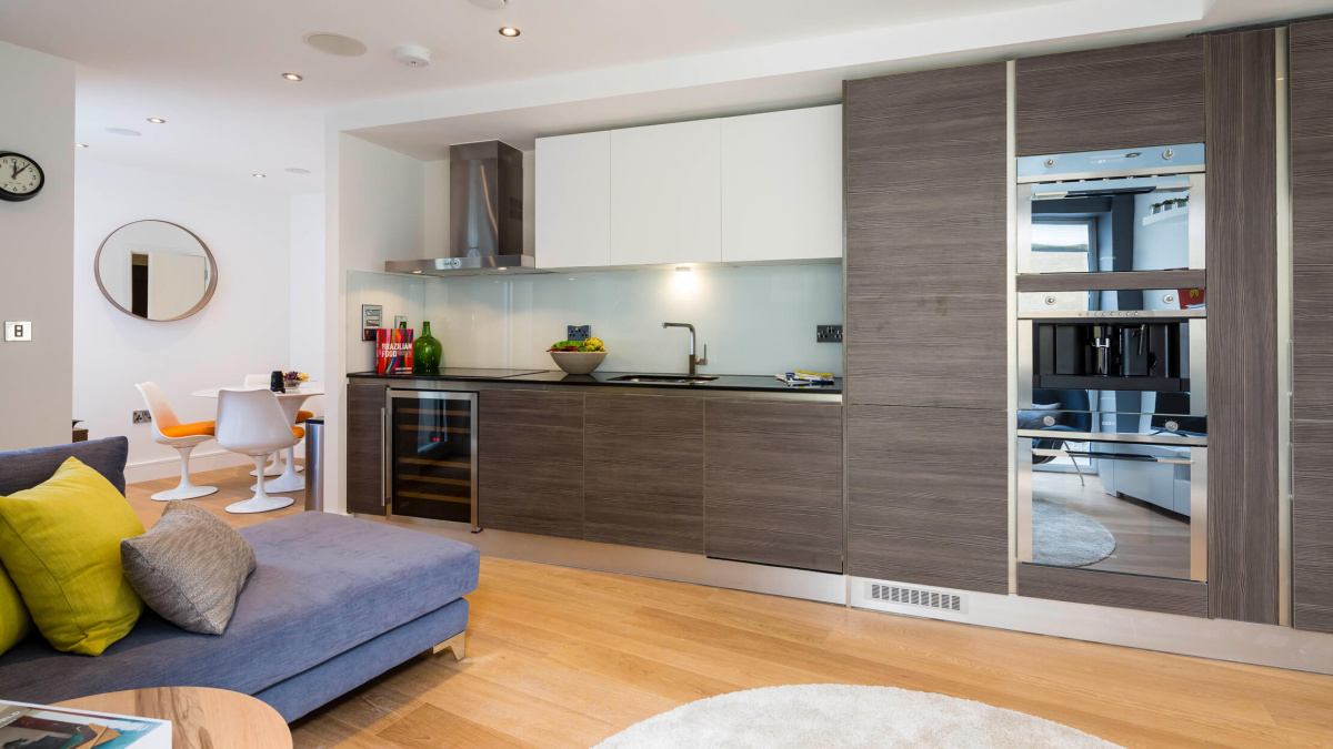 Kitchen and living area at Merryweather House, ©Galliard Homes.