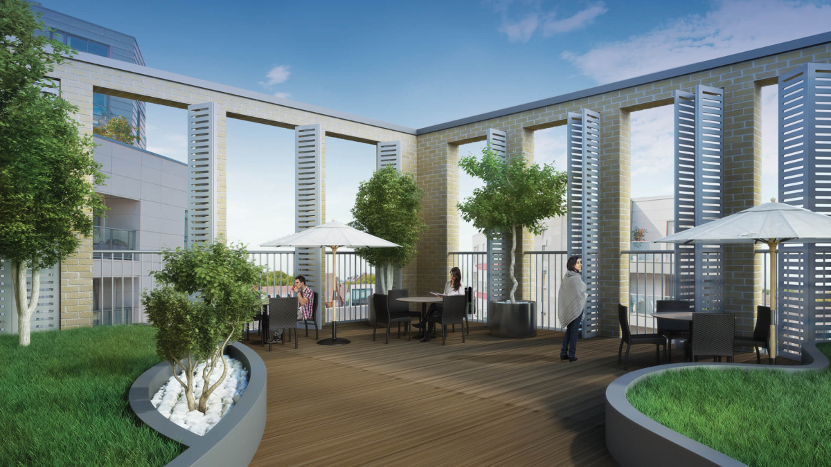 Landscaped roof garden at The Fusion, computer generated image intended for illustrative purposes only, ©Galliard Homes.
