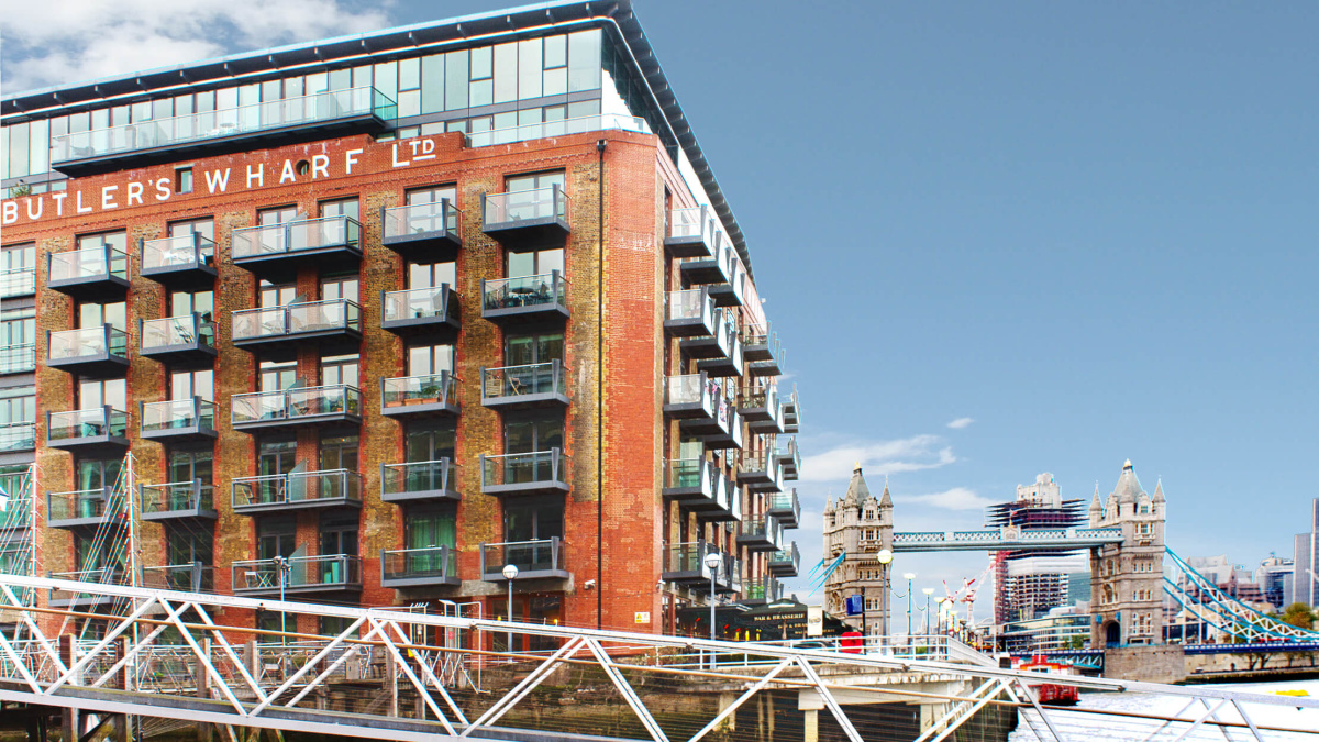 Tea Trade Wharf exterior and view of Tower Bridge, ©Galliard Homes.