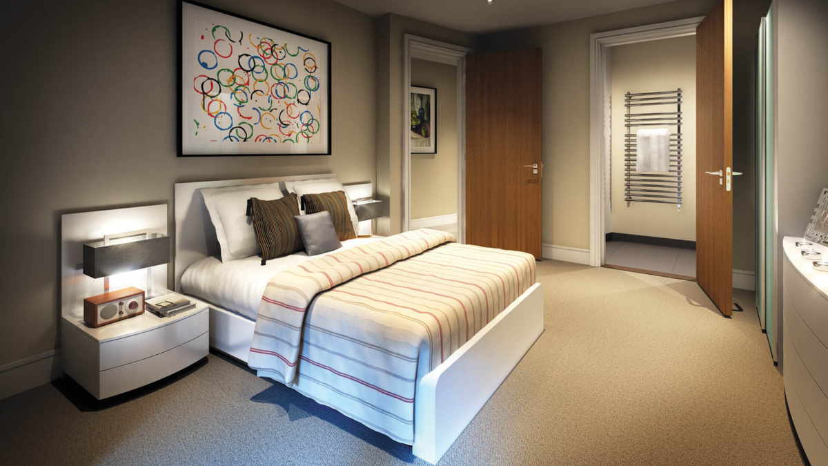 Bedroom at Capital Towers, computer generated image intended for illustrative purposes only, ©Galliard Homes.