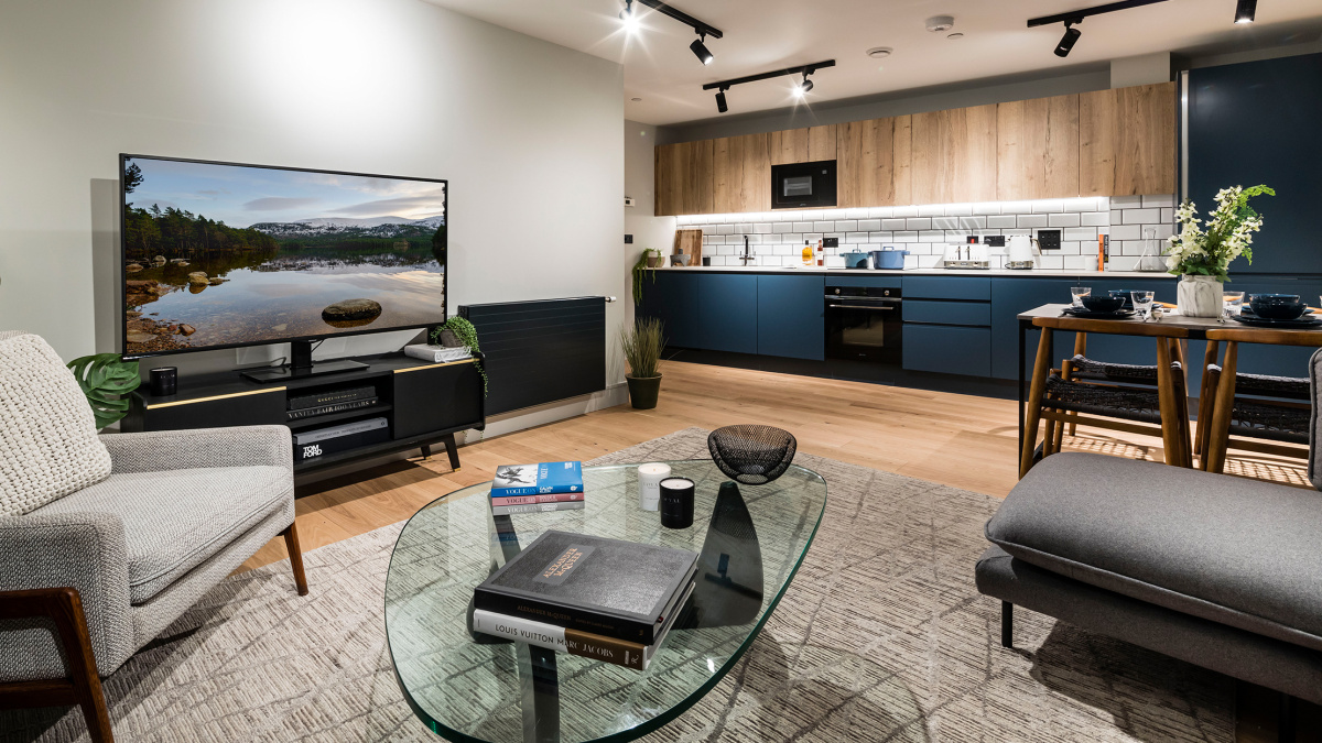 Open-plan kitchen, living and dining area, block 151, Newham’s Yard at Tower Bridge Road; ©Acorn Property Group.