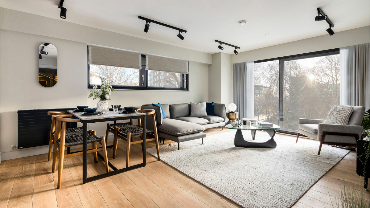 Open-plan kitchen, living and dining area, block 151, Newham’s Yard at Tower Bridge Road; ©Acorn Property Group.