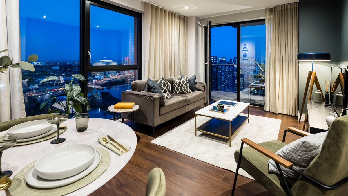 Open-plan kitchen, living and dining area at an Orchard Wharf apartment, ©Galliard Homes.