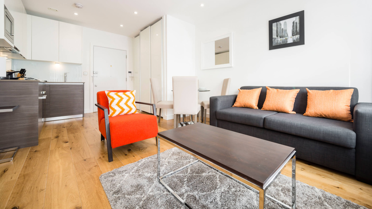 Living and kitchen area at Central House, ©Galliard Homes.