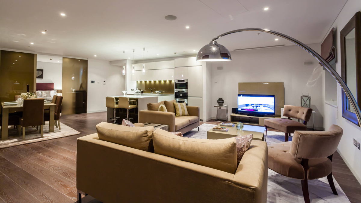 Open-plan kitchen, living and dining room at a Marconi House show apartment, ©Galliard Homes.