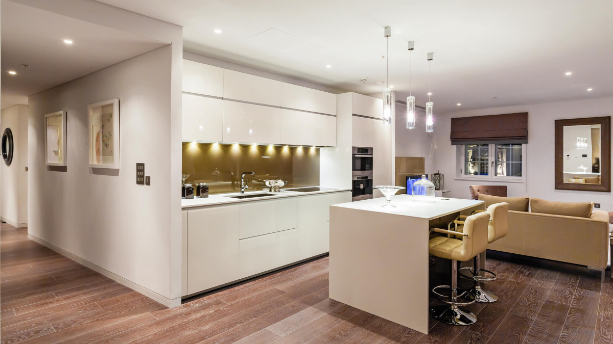 Kitchen and living room at a Marconi House show apartment, ©Galliard Homes.