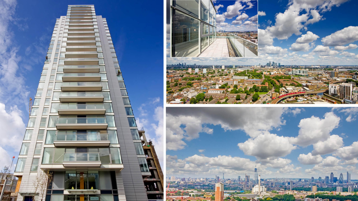 Distillery Tower exterior and upper level views, ©Galliard Homes.