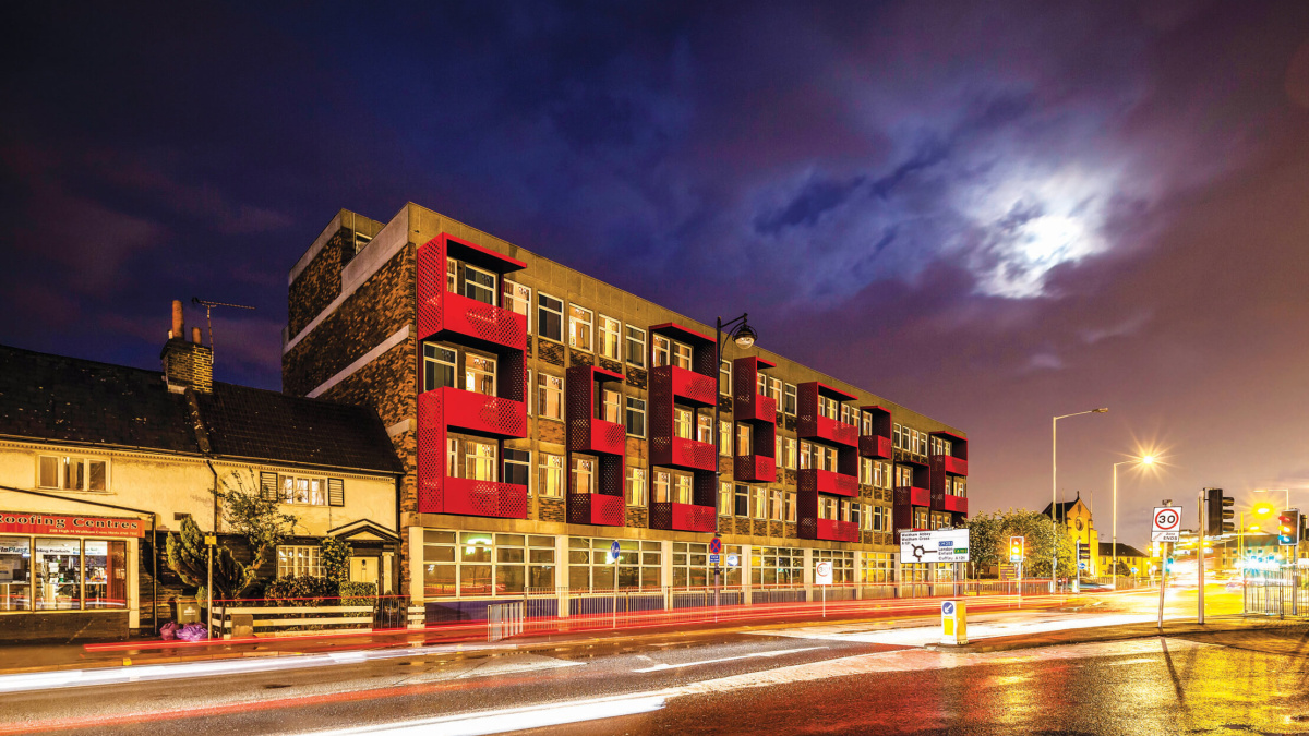 King Edward House exterior at night, computer generated image intended for illustrative purposes only, ©Galliard Homes.