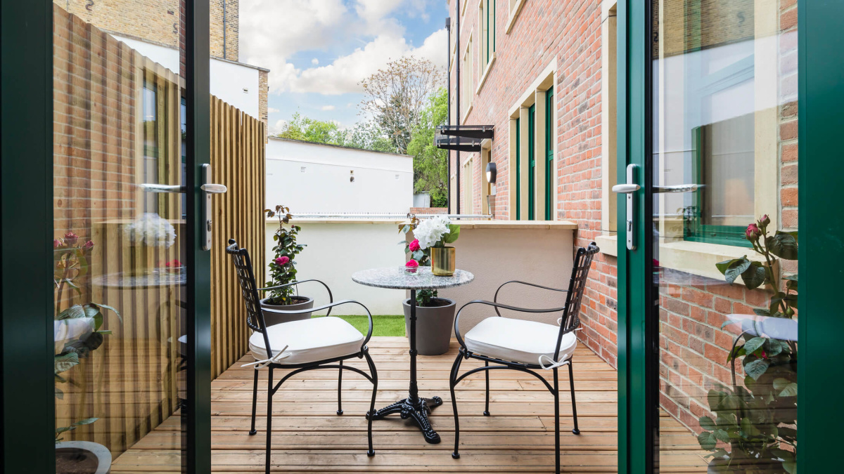 Private terrace area at a Crescent House show apartment, ©Galliard Homes.