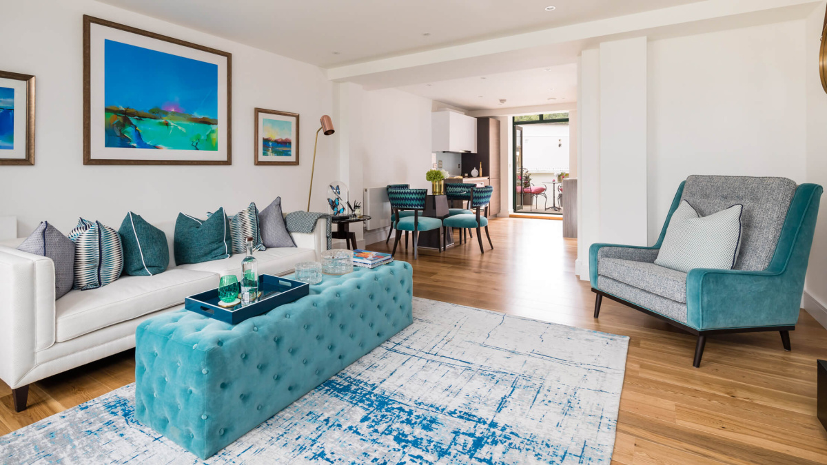 Living and dining area at a Crescent House show apartment, ©Galliard Homes.