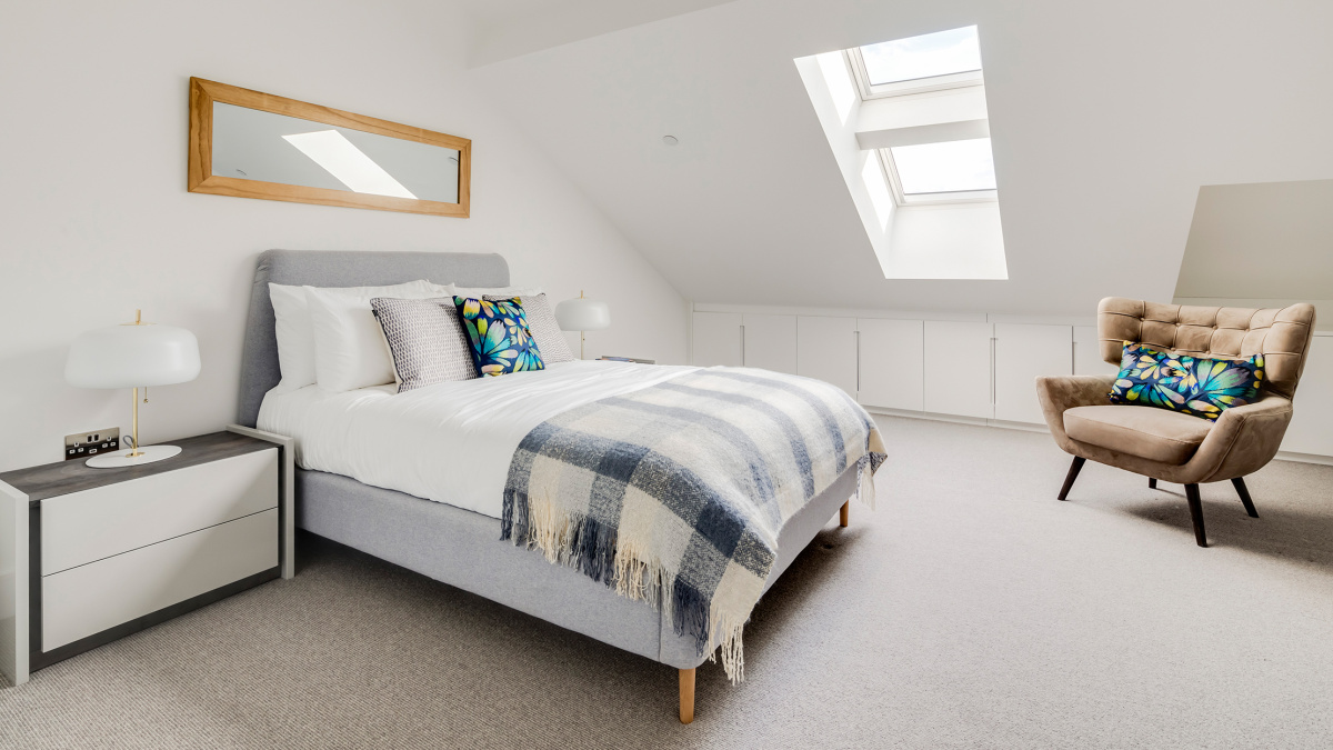 Bedroom at an Atria loft apartment, ©Galliard Homes.