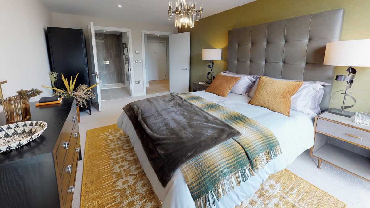 Master bedroom at the Brandon Yard show apartment, ©Acorn Property Group.