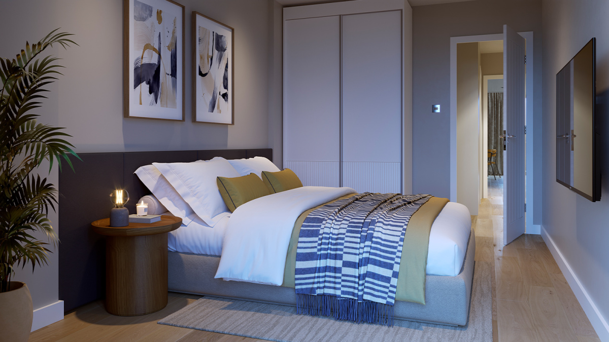 Bedroom at Wickside, computer generated image intended for illustrative purposes only, ©Galliard Homes.