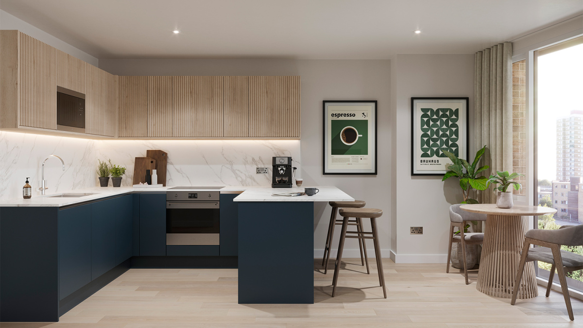 Kitchen area at Wickside, computer generated image intended for illustrative purposes only, ©Galliard Homes.