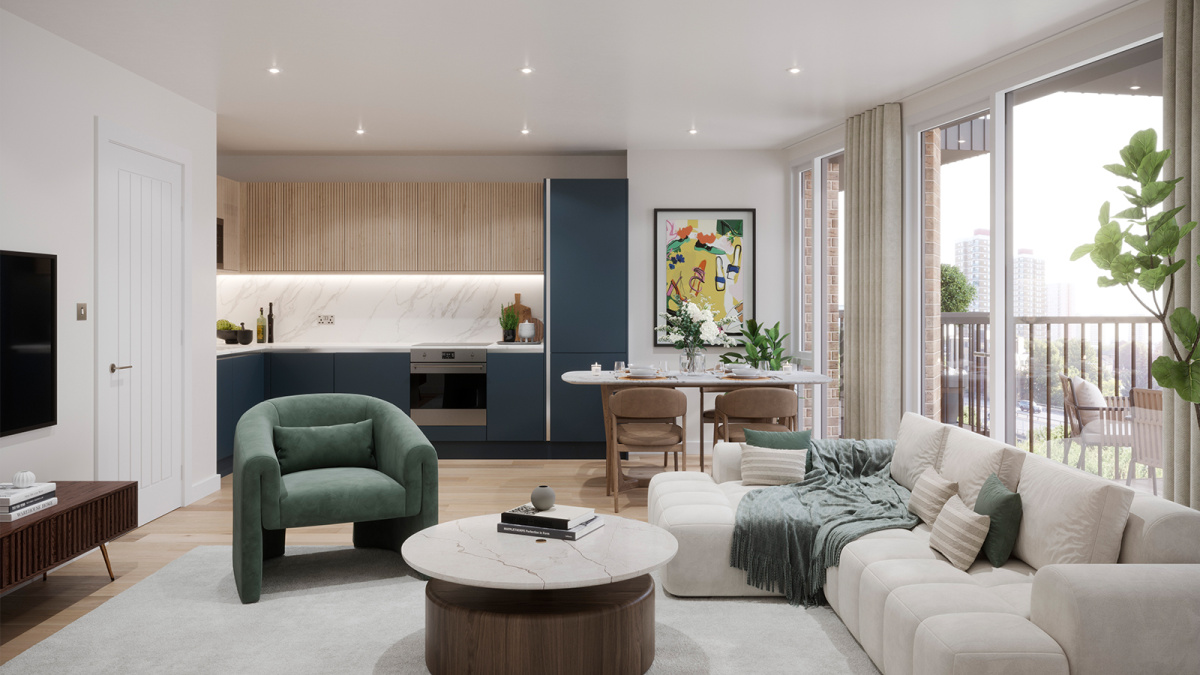 Open-plan living at Wickside, computer generated image intended for illustrative purposes only, ©Galliard Homes.