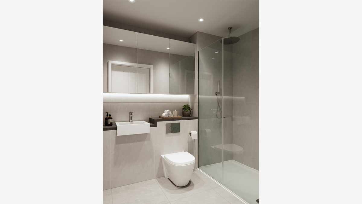 Shower room at Wickside, computer generated image intended for illustrative purposes only, ©Galliard Homes.