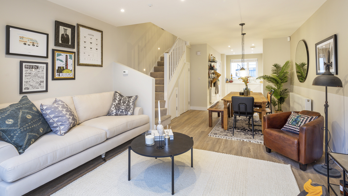 Open-plan kitchen, living and dining area at Brooks Dye Works, ©Acorn Property Group.