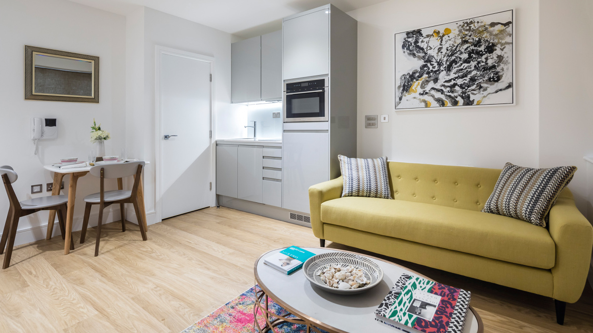 Kitchen and living area at a Pinnacle House show apartment, ©Galliard Homes.