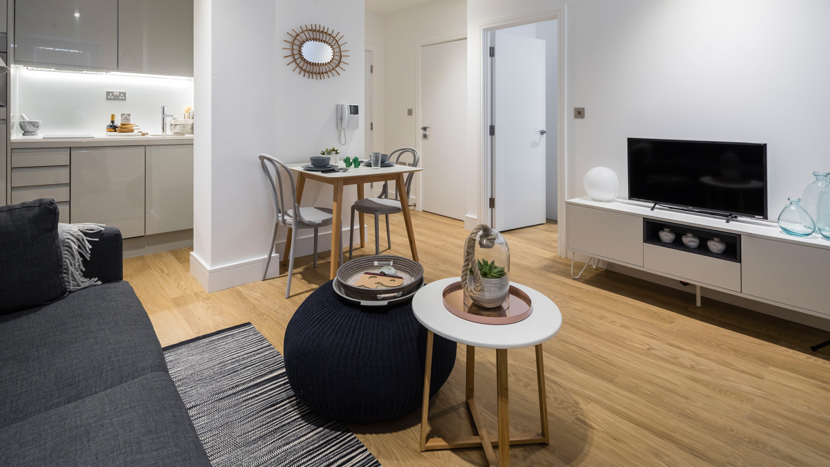 Kitchen and living area at a Pinnacle House show apartment, ©Galliard Homes.