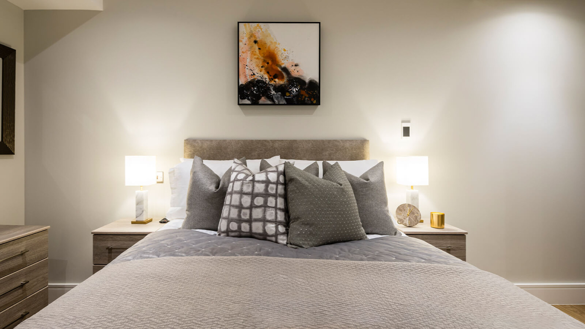 Bedroom area at a Ludgate Broadway apartment, ©Galliard Homes.