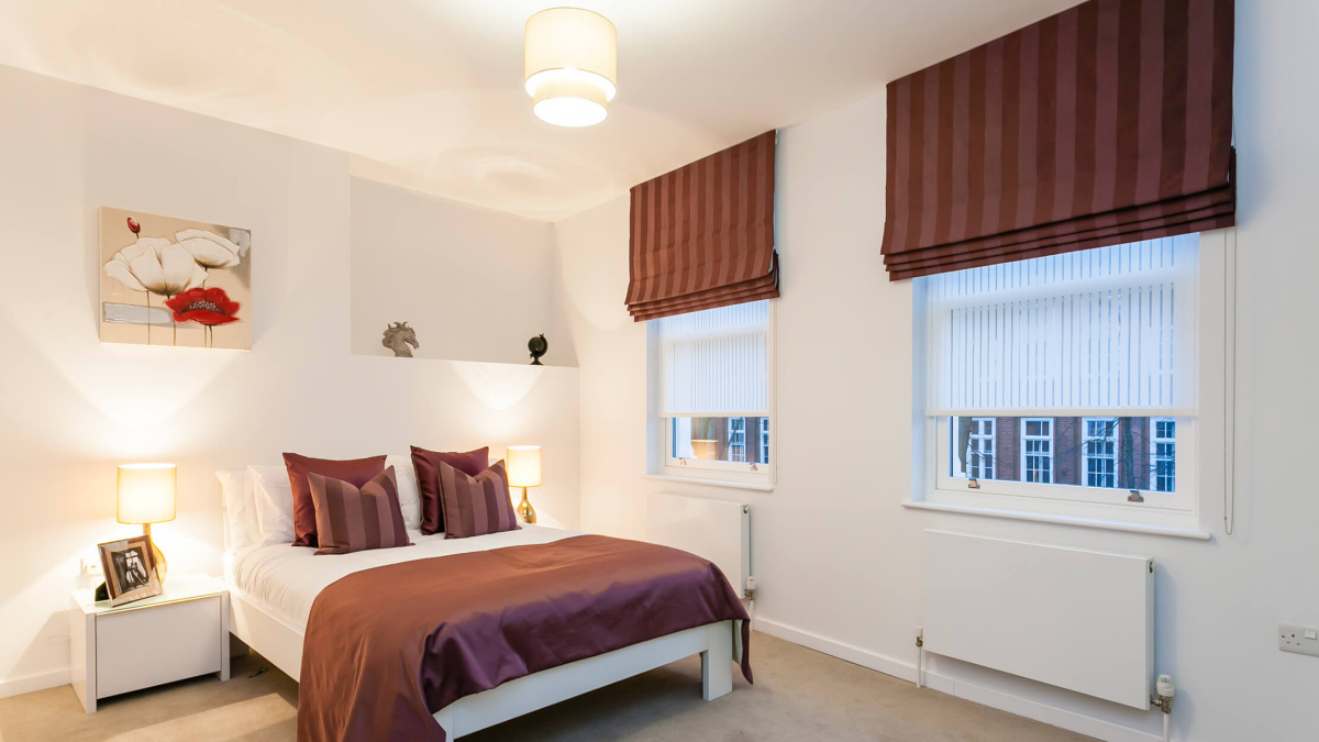 Bedroom in a show apartment at the Tool Works, ©Galliard Homes.