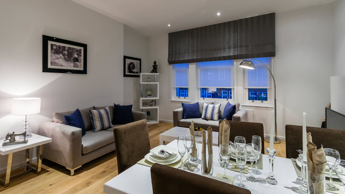 Living area in a show apartment at the Tool Works, ©Galliard Homes.