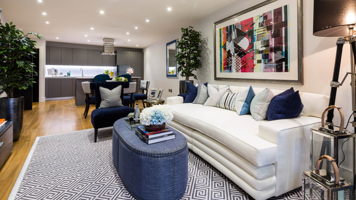 Kitchen and living area in a Galliard Homes’ show apartment ©Galliard Homes.