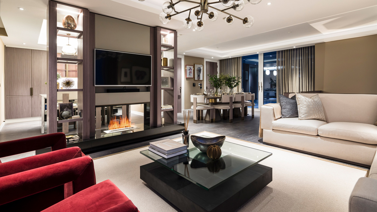 Open-plan living, kitchen and dining area at a Harbour Central duplex penthouse, ©Galliard Homes.