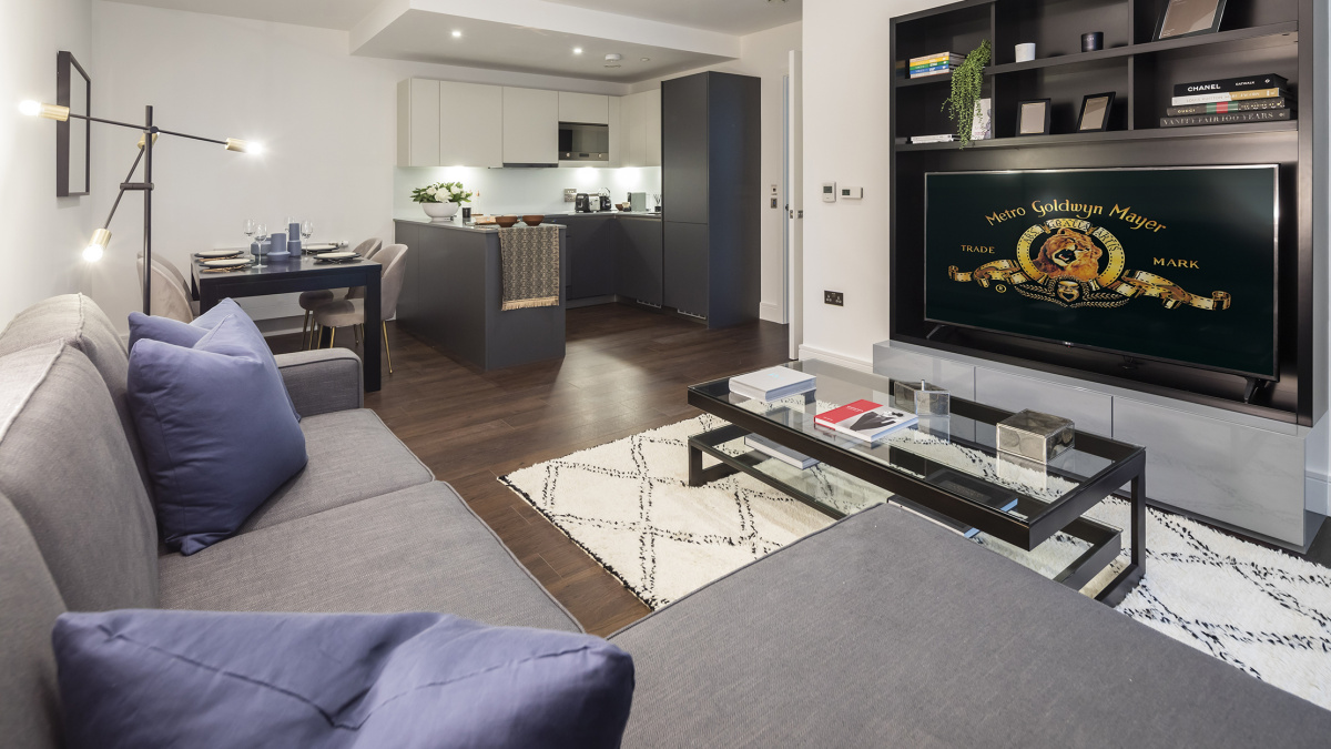 Kitchen and living area at a Harbour Central apartment, ©Galliard Homes.