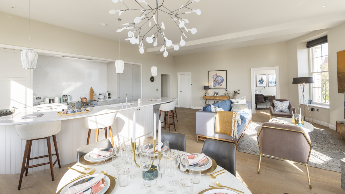 Open-plan kitchen, living and dining room in apartment F3 at Hope House, ©Acorn Property Group.