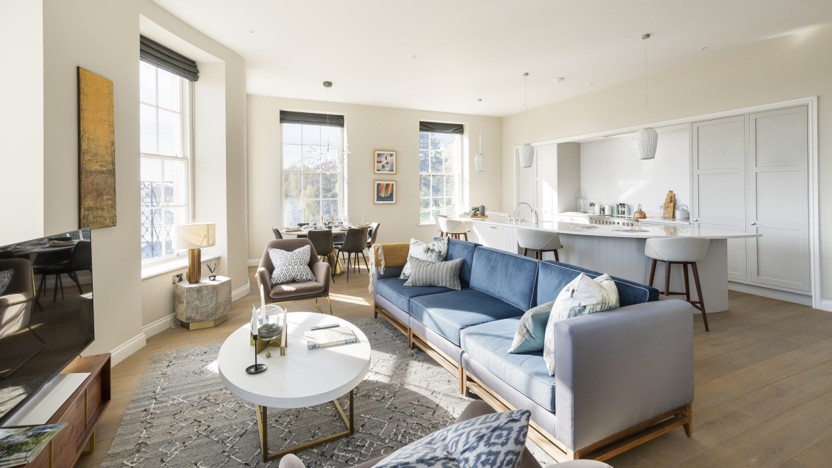 Open-plan kitchen, living and dining room in apartment F3 at Hope House, ©Acorn Property Group.