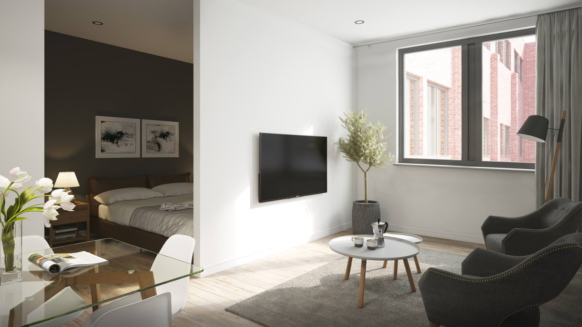 Living and bedroom areas in a studio apartment at The Landmark, computer generated image intended for illustrative purposes only, ©Galliard Homes.