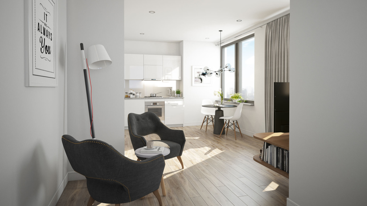 Open-plan kitchen, living and dining room in an apartment at The Landmark, computer generated image intended for illustrative purposes only, ©Galliard Homes.