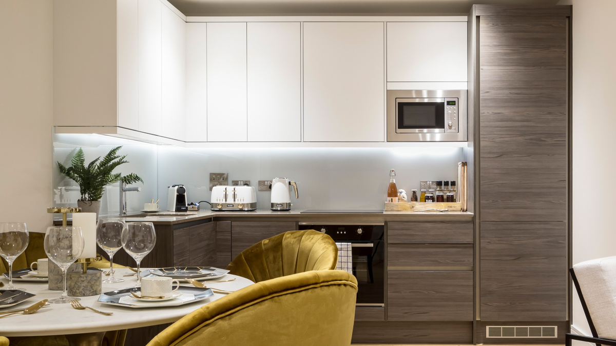 Kitchen area in a Church Road show apartment, ©Galliard Homes.