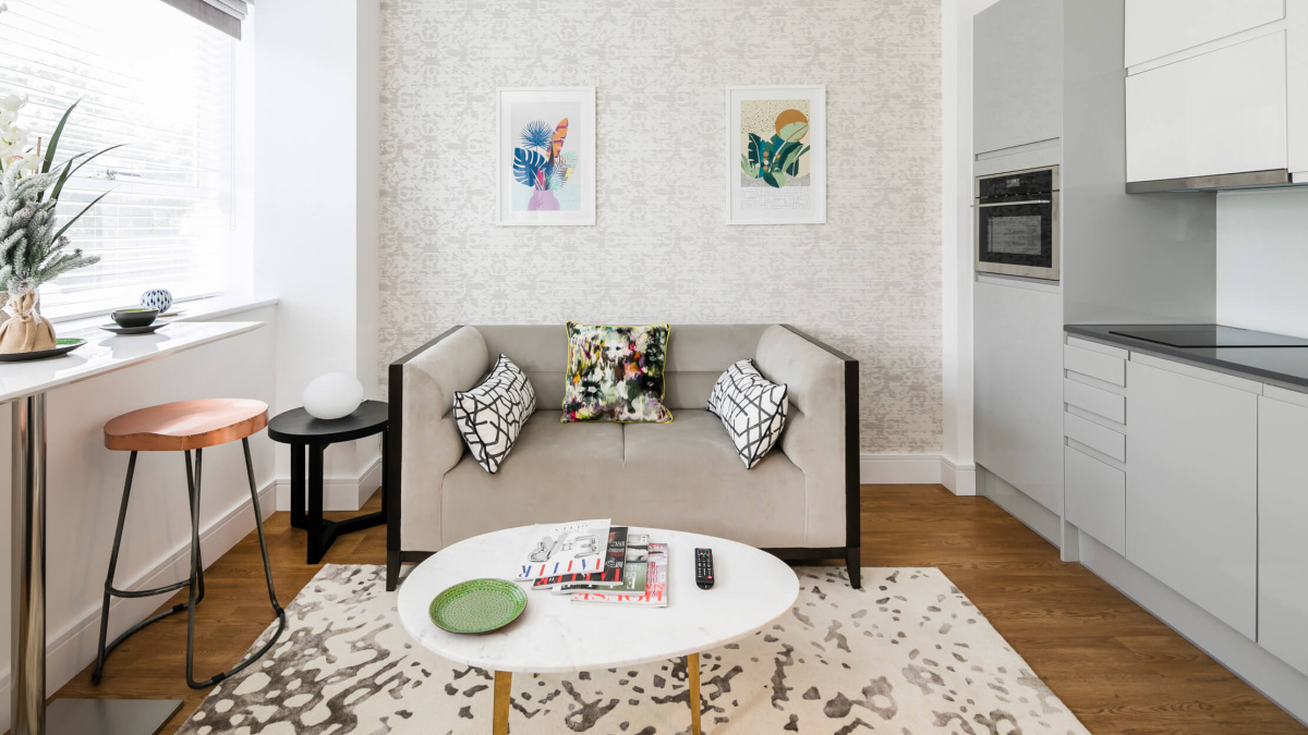 Kitchen and living area at the Langwood House showroom, ©Galliard Homes.