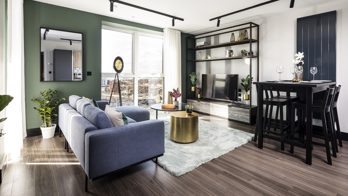 Open-plan living, kitchen and dining area at a Cityloft apartment, ©Galliard Homes.