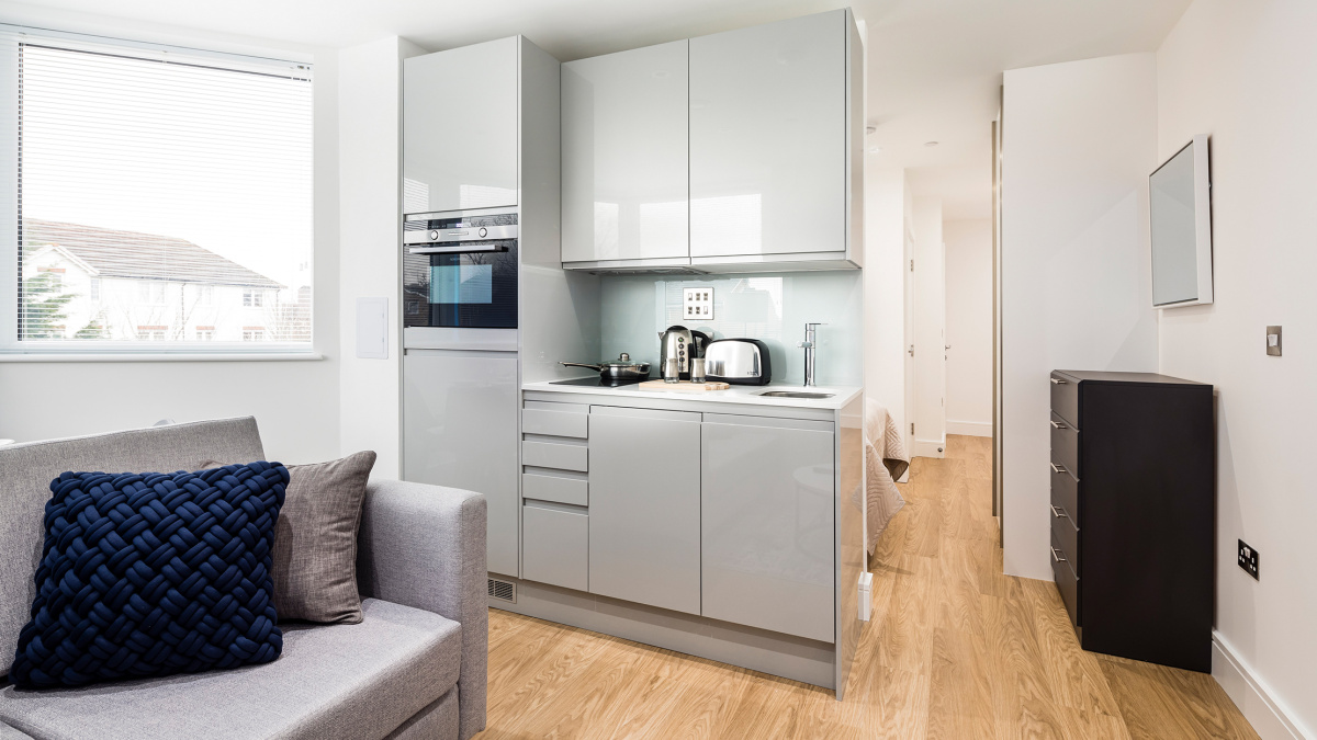 Kitchen at a Papermill House studio apartment, ©Galliard Homes 