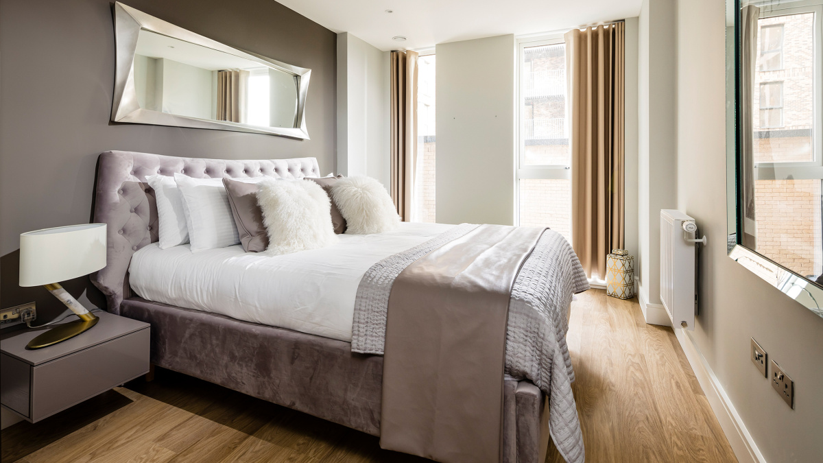 Bedroom at a Wimbledon Grounds apartment, ©Galliard Homes.