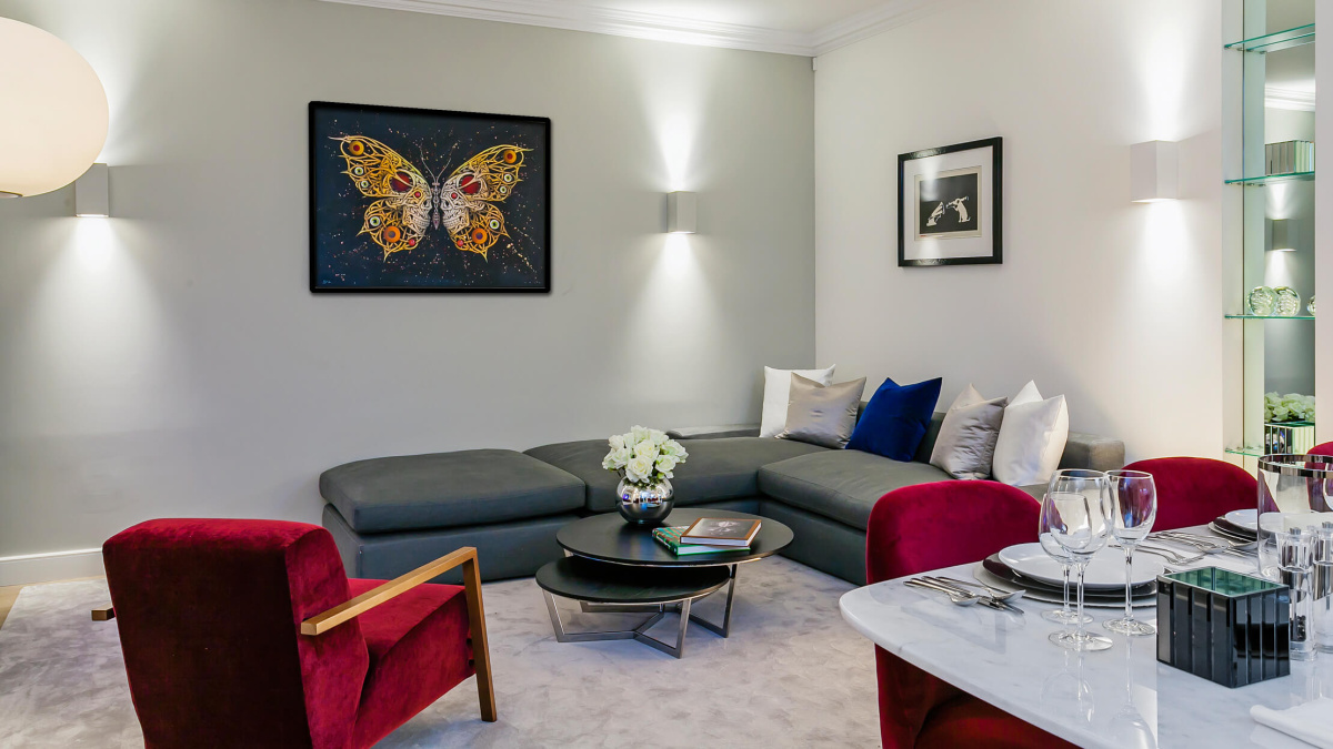 Living area in show apartment at Jerome House, ©Galliard Homes.