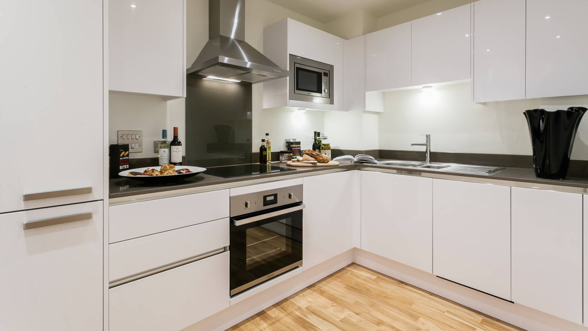 Kitchen area in show apartment at Jerome House, ©Galliard Homes.