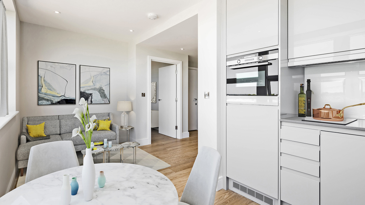 Open-plan kitchen, living and dining area at Rosebery House, computer generated image intended for illustrative purposes only, ©Galliard Homes.