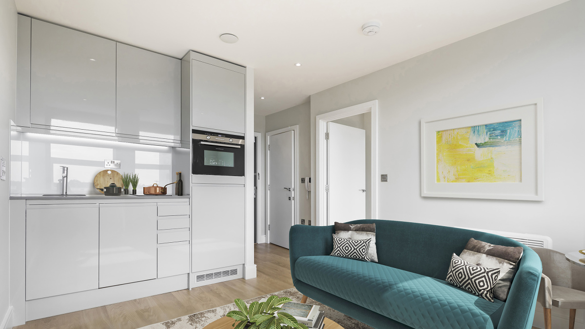 Open-plan kitchen, living and dining area at Rosebery House, computer generated image intended for illustrative purposes only, ©Galliard Homes.