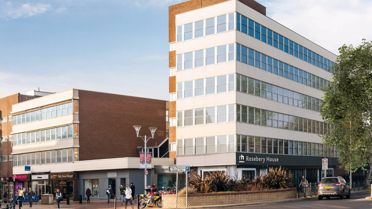 Rosebery House exterior and Springfield Road shops, computer generated image intended for illustrative purposes only, ©Galliard Homes.