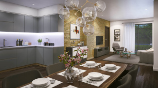 Kitchen and dining area at St Luke’s Square, computer generated image intended for illustrative purposes only, ©Galliard Homes.