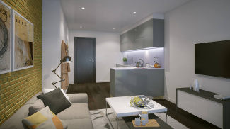 Living and kitchen area at St Luke’s Square, computer generated image intended for illustrative purposes only, ©Galliard Homes.