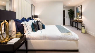 Bedroom featuring interior designs by Nicola Fontanella at the Wapping Riverside show apartment, ©Galliard Homes.