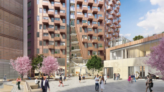The Stage exterior and public realm, computer generated image intended for illustrative purposes only, ©Galliard Homes.