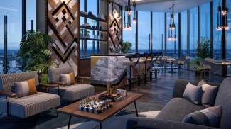 The 32nd level sky lounge and al-fresco terrace at The Stage, computer generated image intended for illustrative purposes only, ©Galliard Homes.