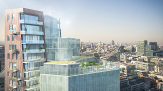 The Stage exterior and rooftop terrace, computer generated image intended for illustrative purposes only, ©Galliard Homes.